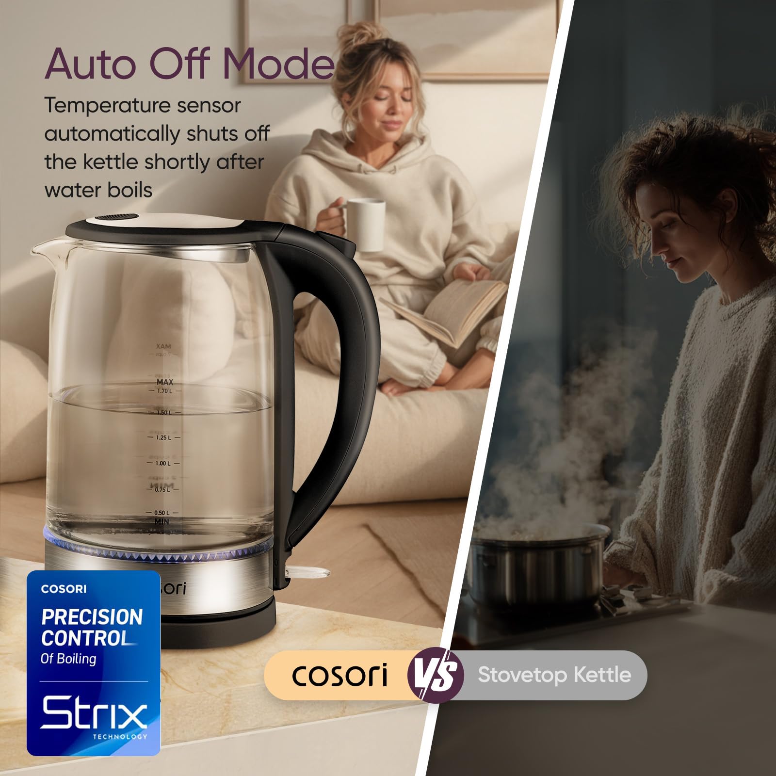 Cosori pouring hot water into cup demonstrating controlled pour and safety