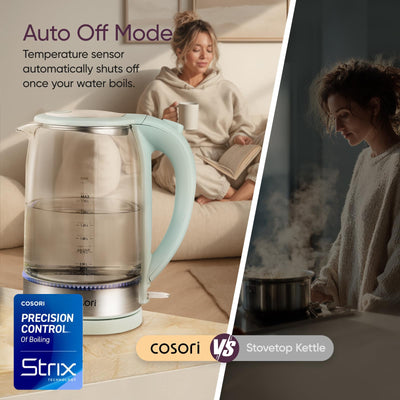 Cosori kettle beside a mug showing 1.7L capacity and compact scale