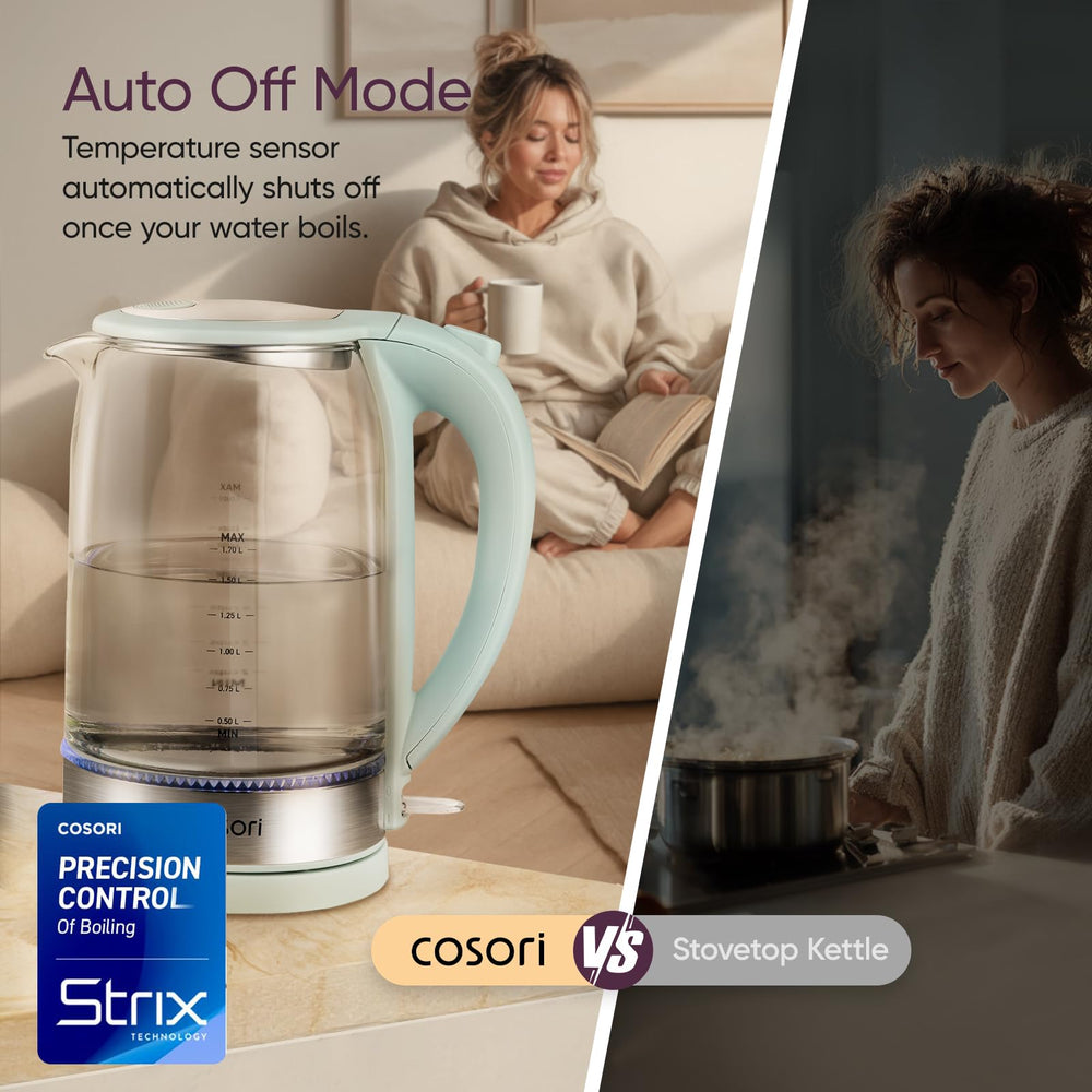 Cosori kettle beside a mug showing 1.7L capacity and compact scale