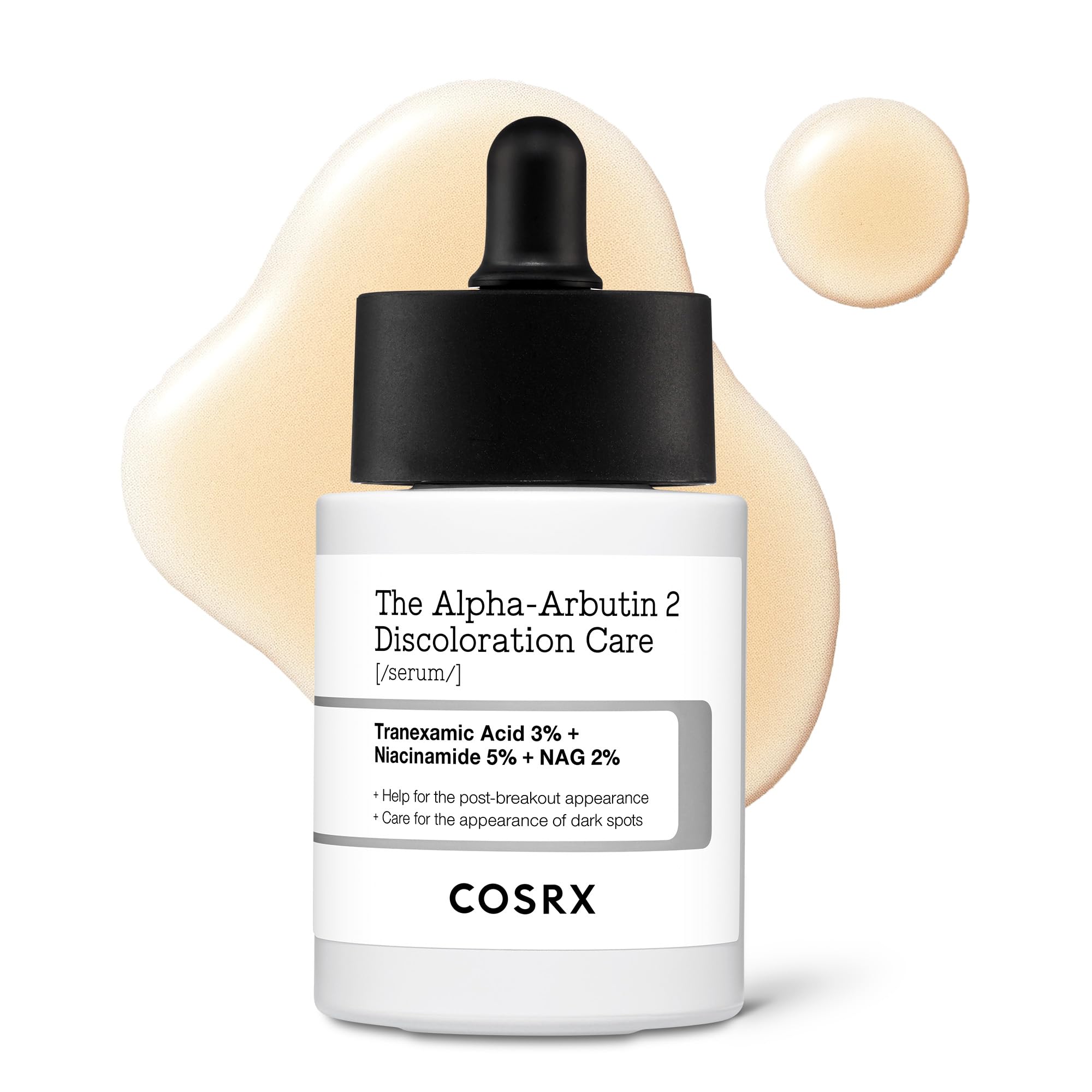 COSRX frasco frontal del suero para manchas mostrando diseño y beneficio aclarador
