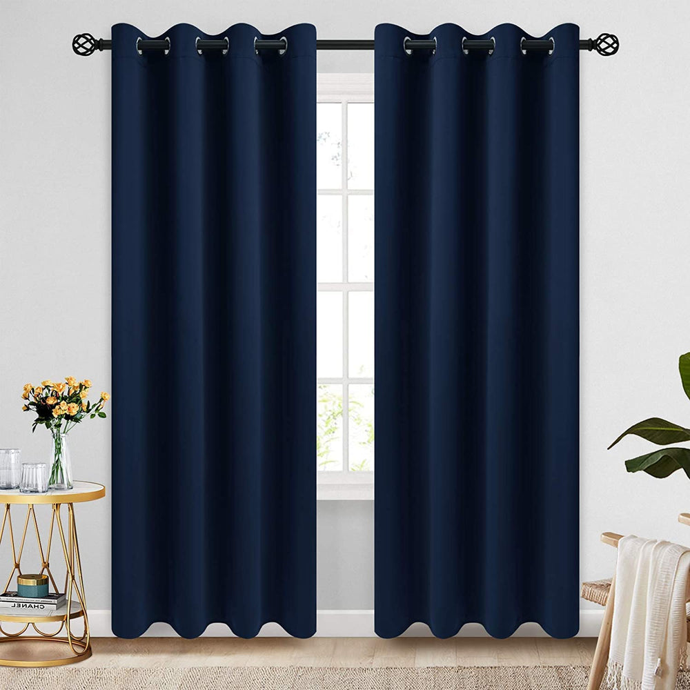 COSVIYA panel frontal azul marino mostrando caída elegante y bloqueo de luz