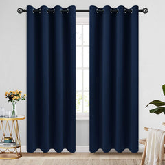 COSVIYA panel frontal azul marino mostrando caída elegante y bloqueo de luz