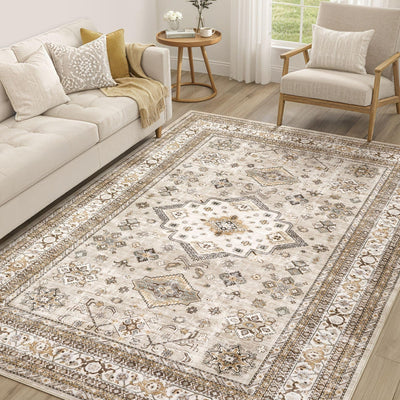 cotiled front view beige rug showing full vintage pattern and room harmony