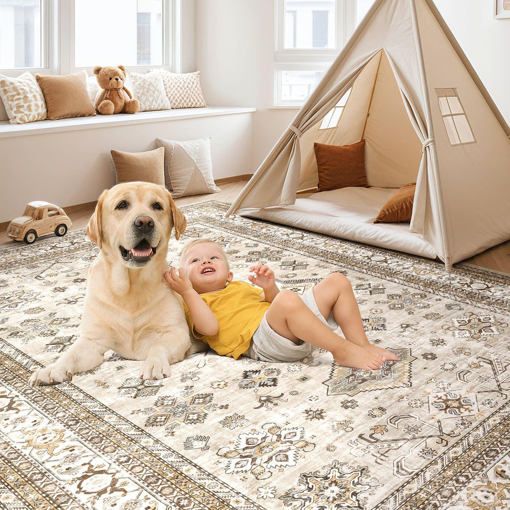 cotiled rug placed in living room creating a cohesive seating anchor