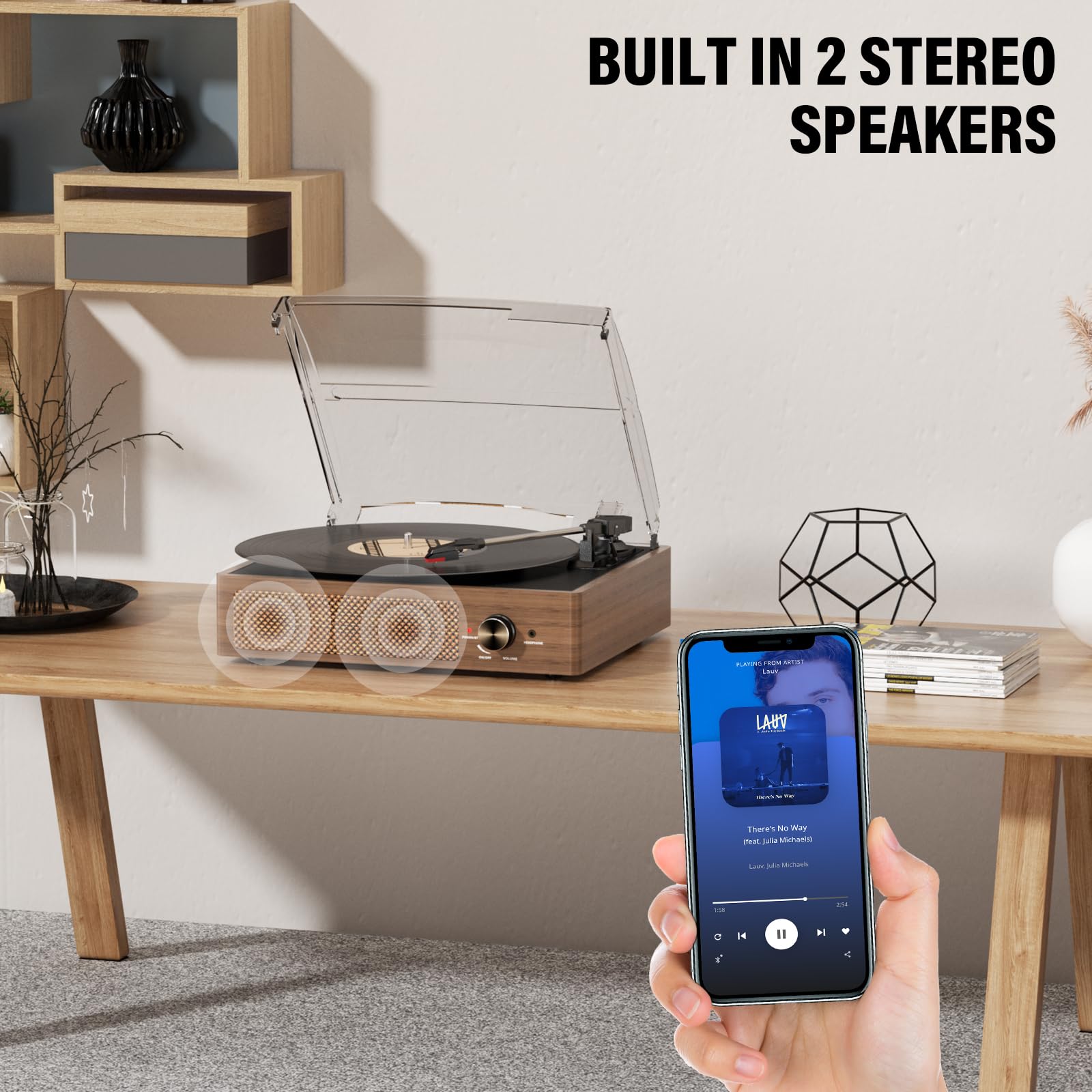 cotsoco tocadiscos en uso con teléfono vía Bluetooth para streaming cómodo