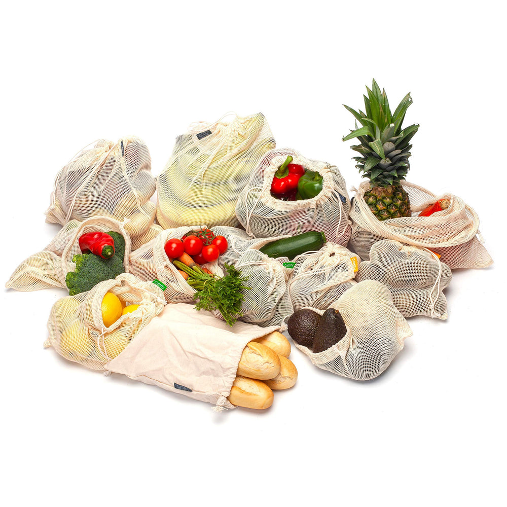 Cottify produce bags in a shopping basket reducing plastic use at checkout