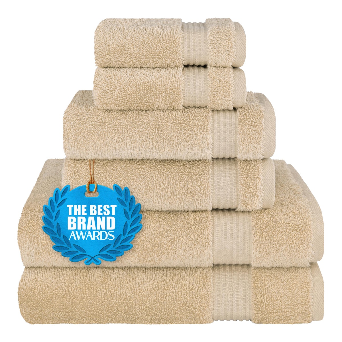 Cotton Paradise front view of beige towel set showing neat packaging and clean styling