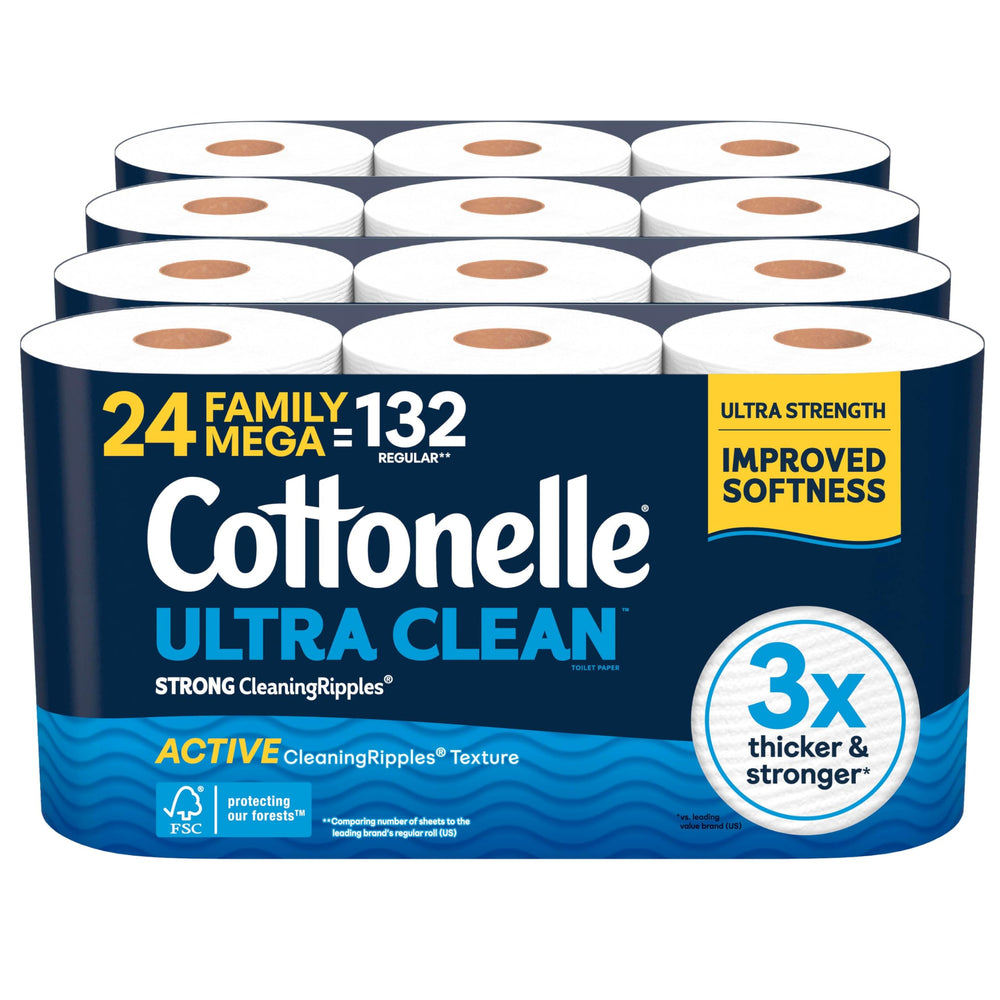 Cottonelle frente del paquete de 24 rollos mostrando ahorro y duración
