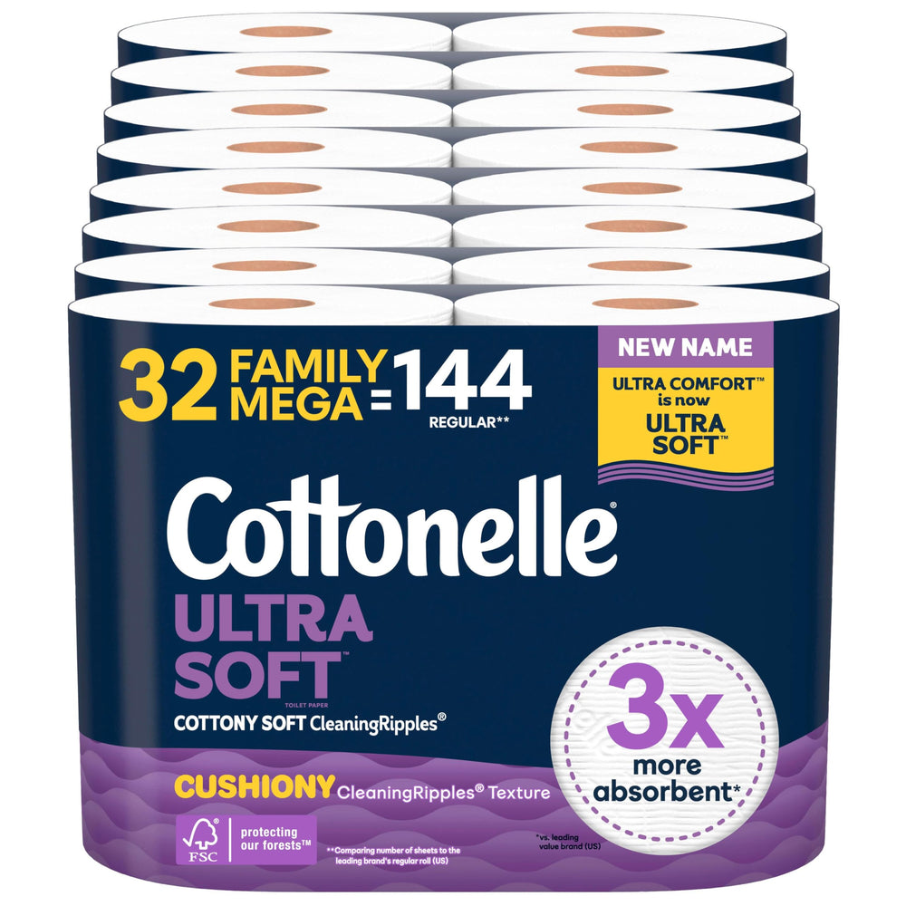 Cottonelle front packaging showing 32 family mega rolls and long-lasting supply