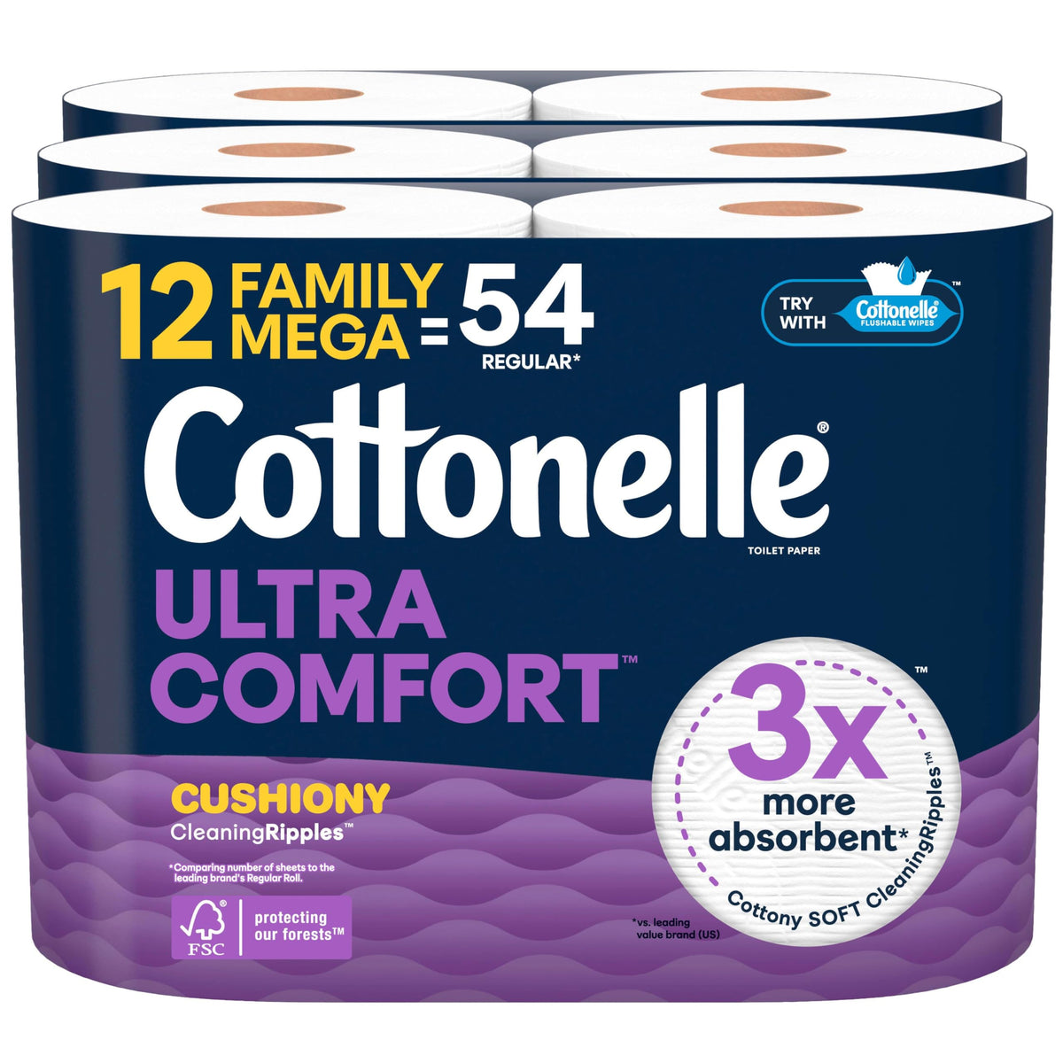 Cottonelle paquete frontal mostrando 12 Family Mega Rolls y ahorro