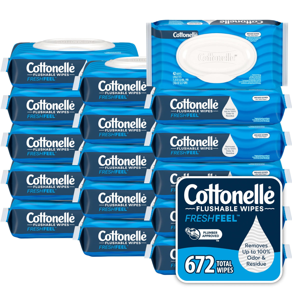 Cottonelle paquete frontal mostrando 16 envases y 672 toallitas beneficios prácticos