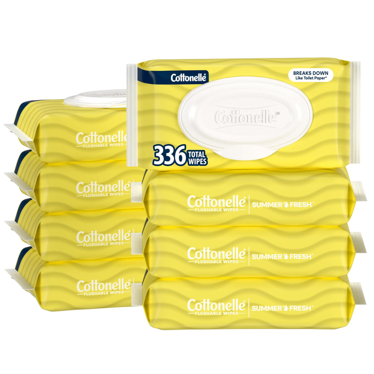 Cottonelle paquete frontal mostrando 8 paquetes y olor veraniego para almacenamiento conveniente