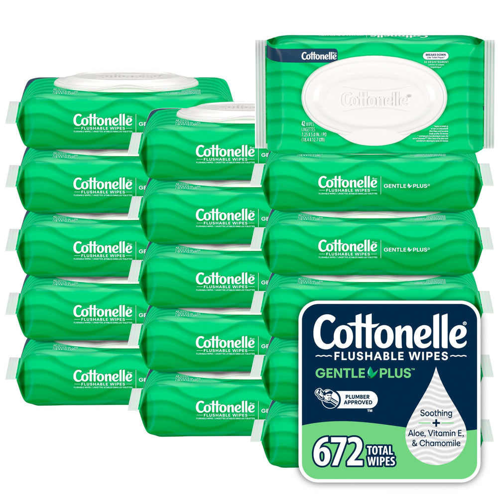 Cottonelle paquete frontal mostrando 16 paquetes y tapa abatible, conveniencia diaria