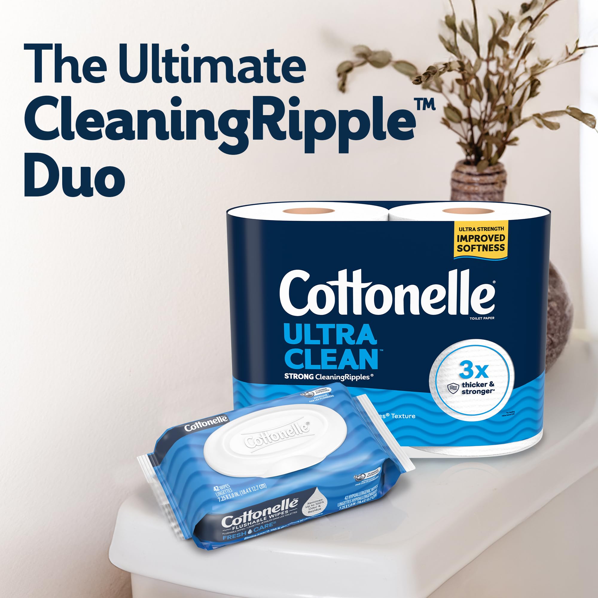 Cottonelle rollos desplegados mostrando abundancia y almacenaje fácil