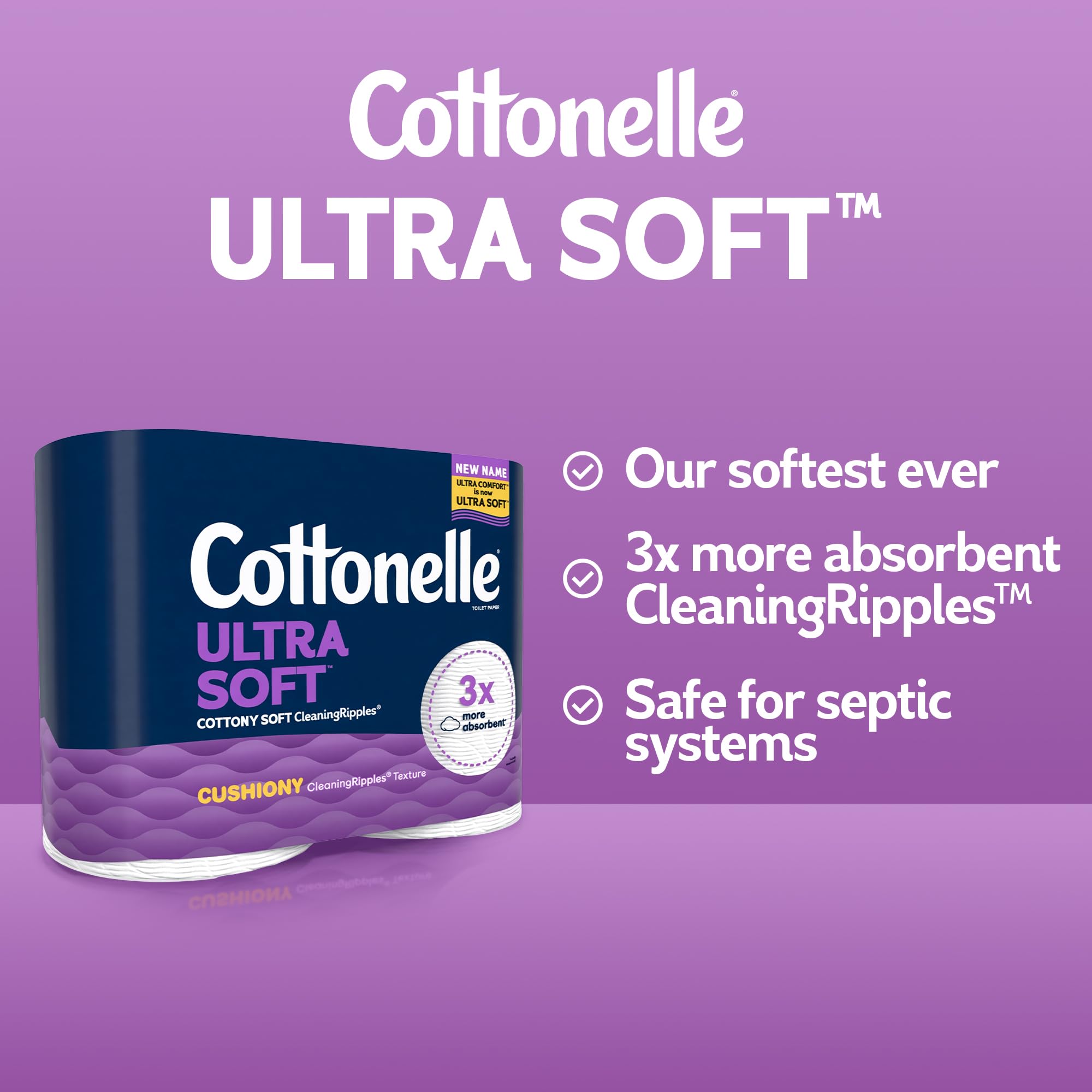 Cottonelle etiqueta con información de hojas por rollo, datos claros
