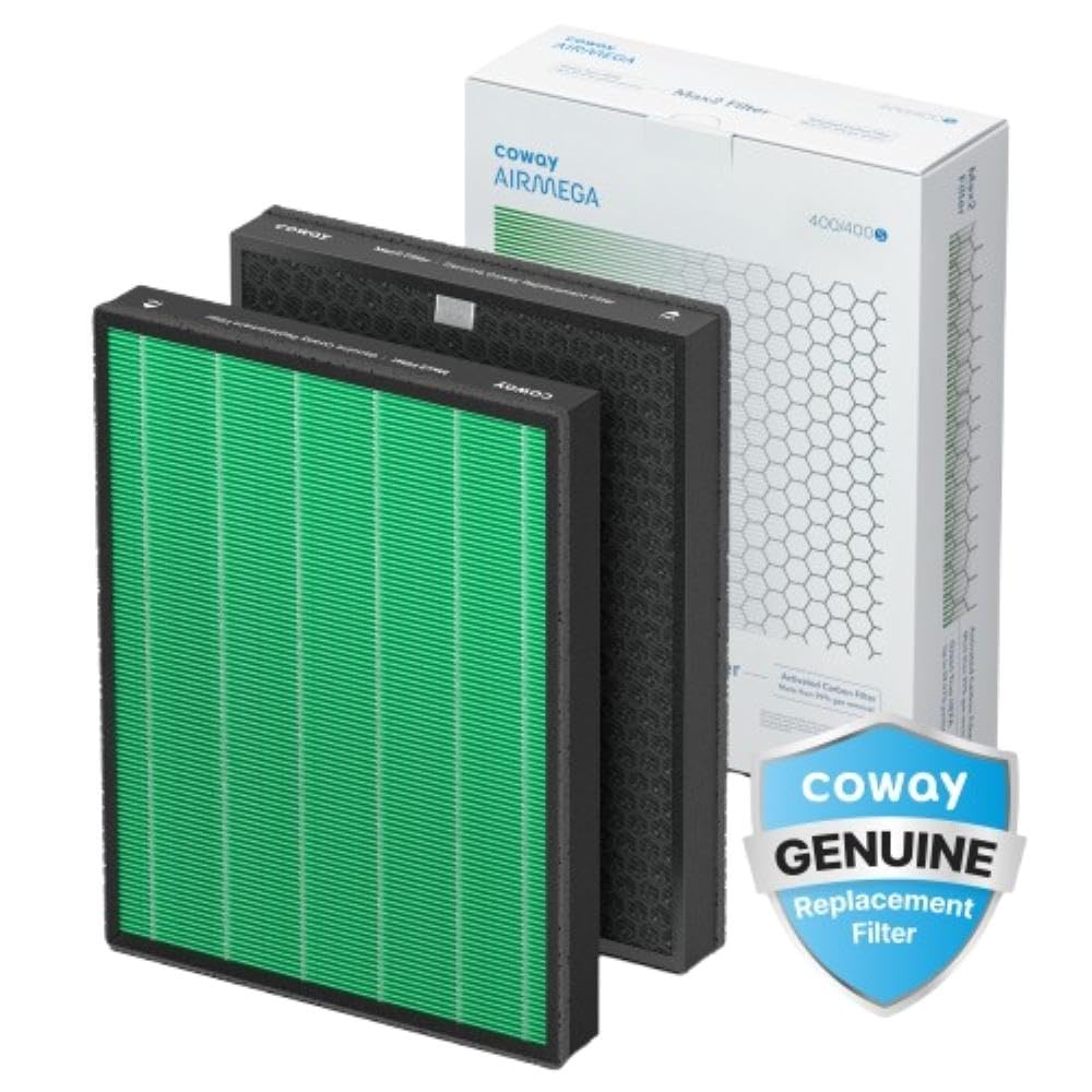 Coway Airmega front packaging showing genuine replacement filters and peace of mind