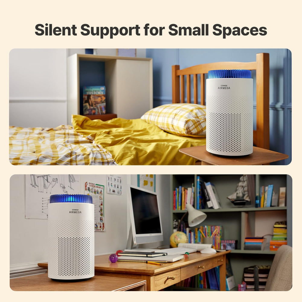 Coway Airmega 50 en dormitorio en funcionamiento, purifica mientras duerme