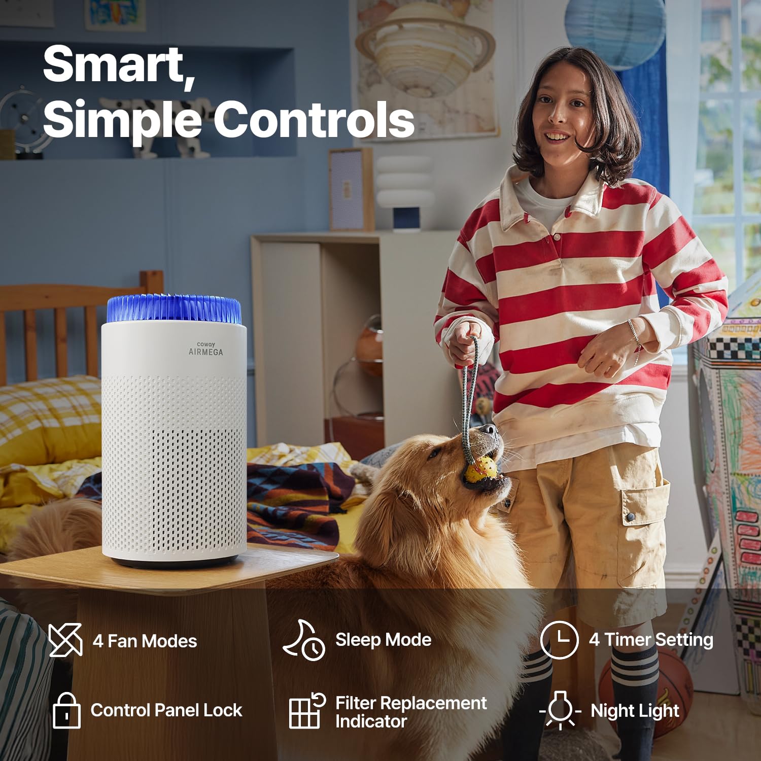 Coway Airmega 50 comparación de tamaño con objetos, visualiza escala y ajuste