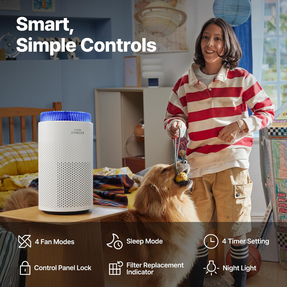 Coway Airmega 50 comparación de tamaño con objetos, visualiza escala y ajuste