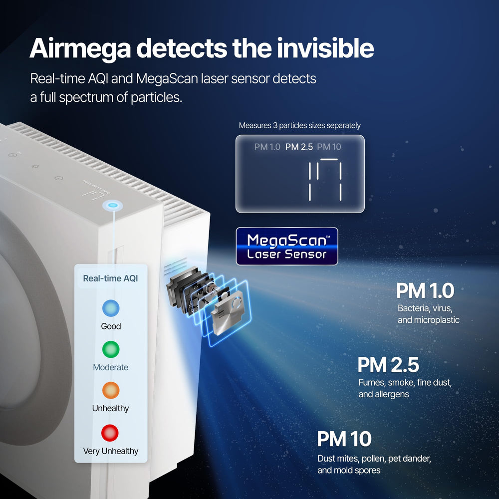 Coway Airmega Mighty2 comparación de tamaño con mueble para escalas reales