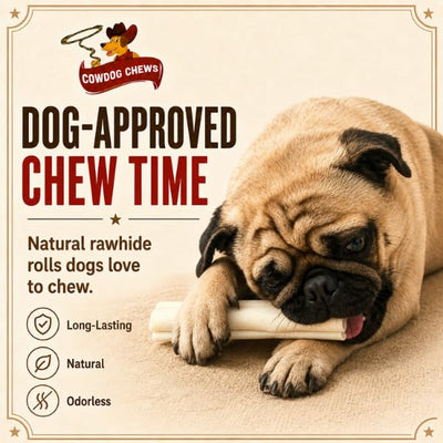 Cowdog Chews retriever roll in a dog’s mouth demonstrating long-lasting engagement