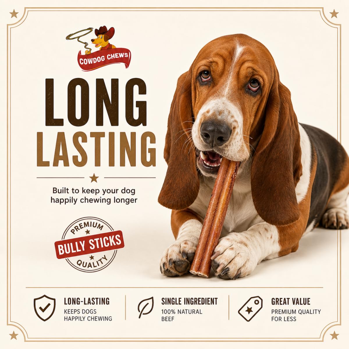 Cowdog Chews palito en mano para comparar tamaño y facilidad de uso