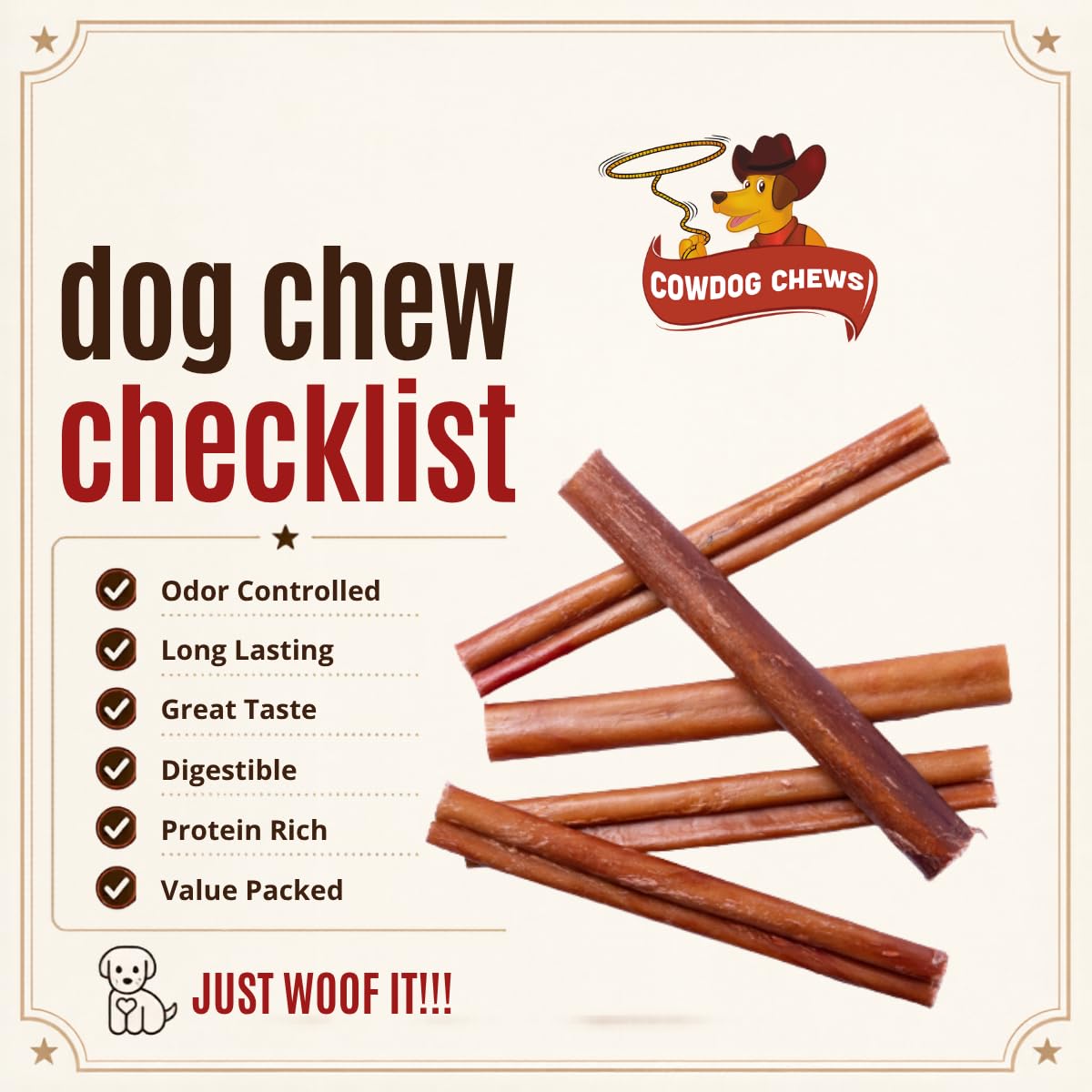 Cowdog Chews etiqueta con ingredientes simples y beneficio de un solo ingrediente