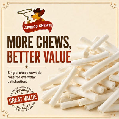 Cowdog Chews roll held in hand showing 5–6 inch scale for portioning