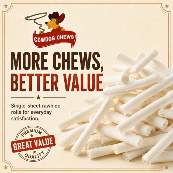 Cowdog Chews roll held in hand showing 5–6 inch scale for portioning