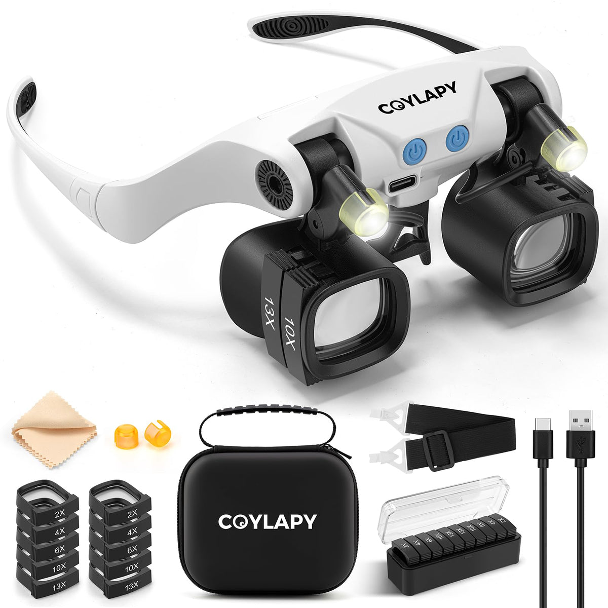 COYLAPY vista frontal de la lupa de cabeza con lentes intercambiables, mejora la precisión