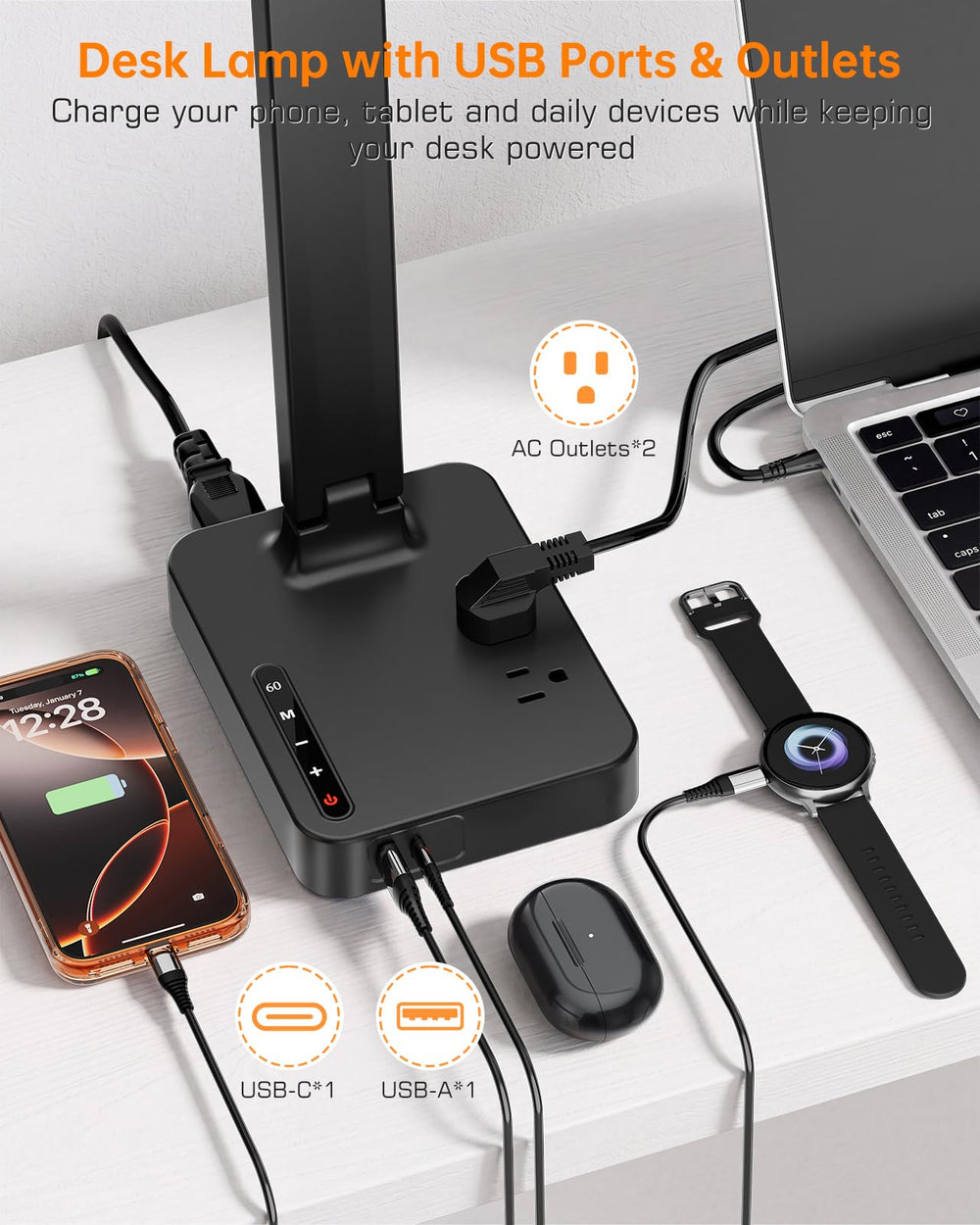 cozoo base con puertos USB-C, USB y dos enchufes AC para carga simultánea