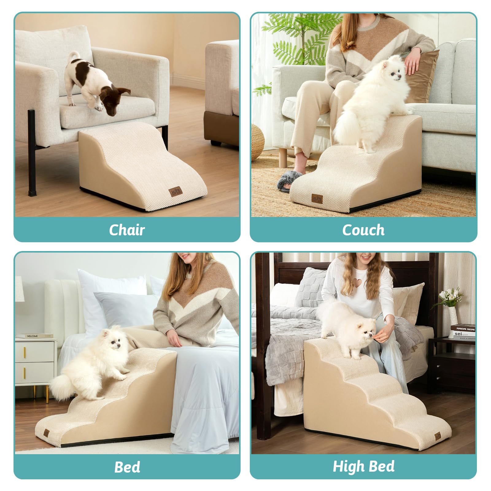 COZY KISS escalera junto a perro pequeño para comparar tamaño y ajuste