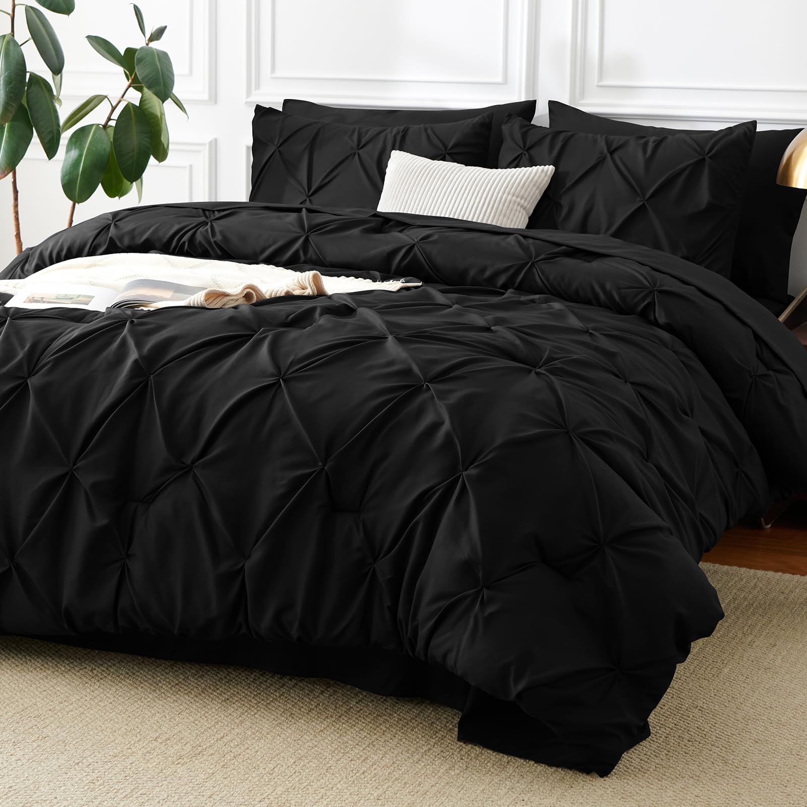 CozyLux front view of queen comforter showcasing neat pintuck and elegant black finish