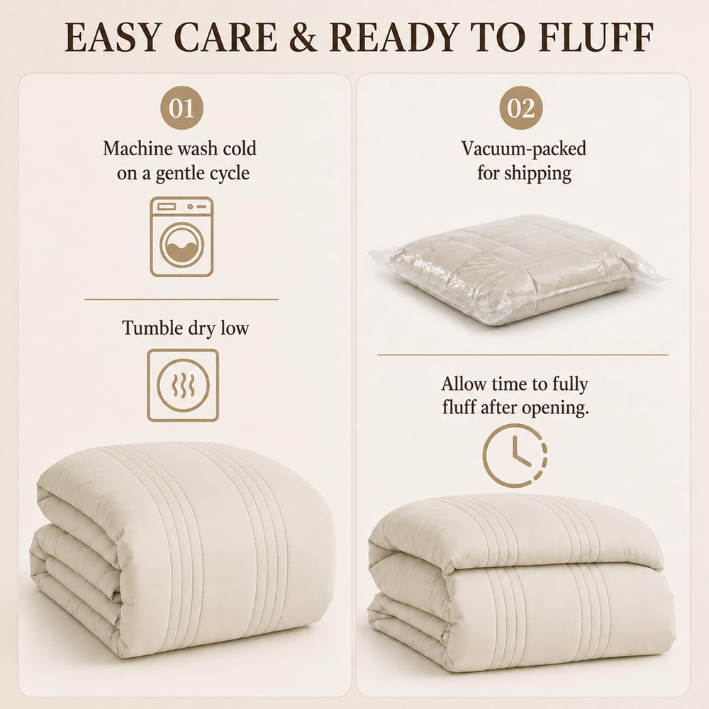 CozyLux cama ambientada en dormitorio mostrando combinación neutra y acogedora