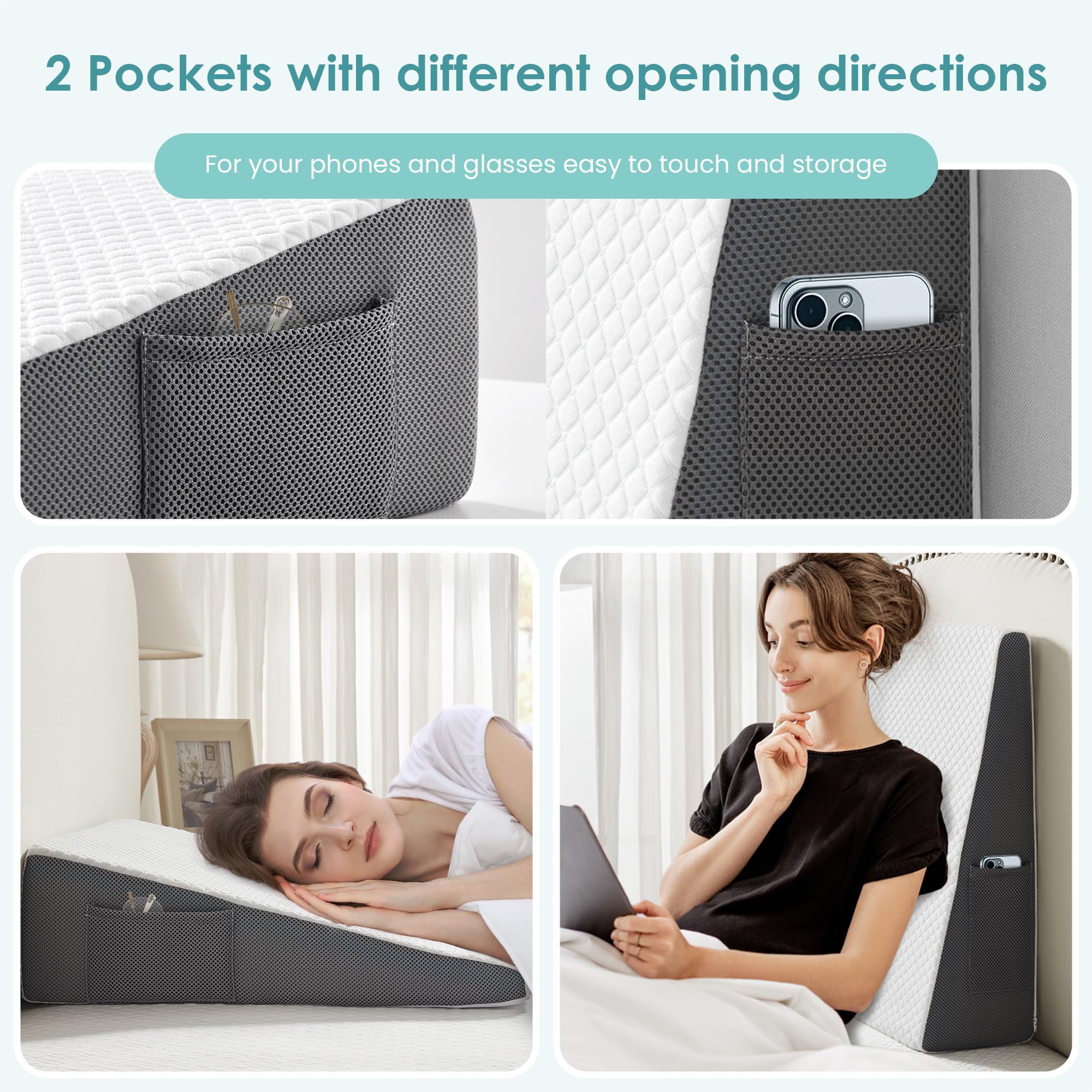 Cozymaker detalle de bolsillos laterales para mando y gafas, mayor conveniencia