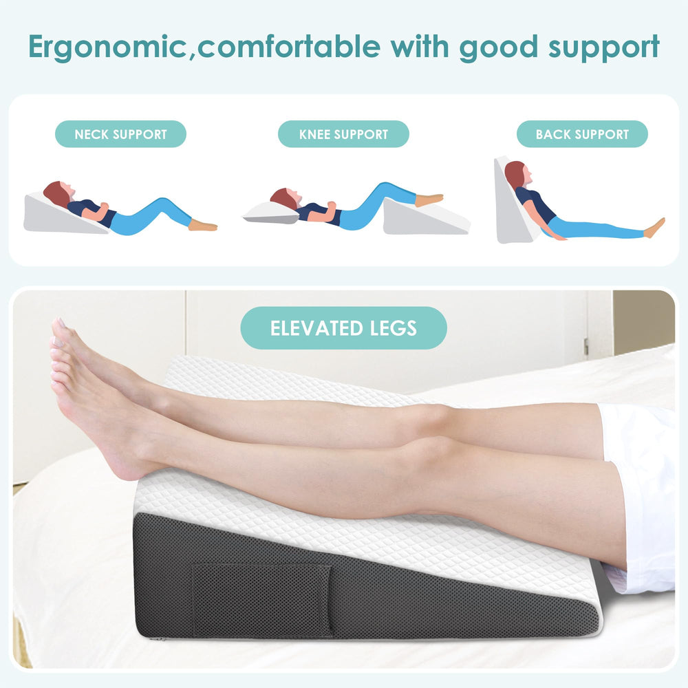 Cozymaker cuña en uso mientras una persona lee en la cama para postura erguida