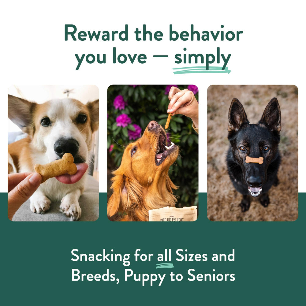 CRAFTED BY HUMANS LOVED BY DOGS dog taking a treat in a home setting showing enjoyment