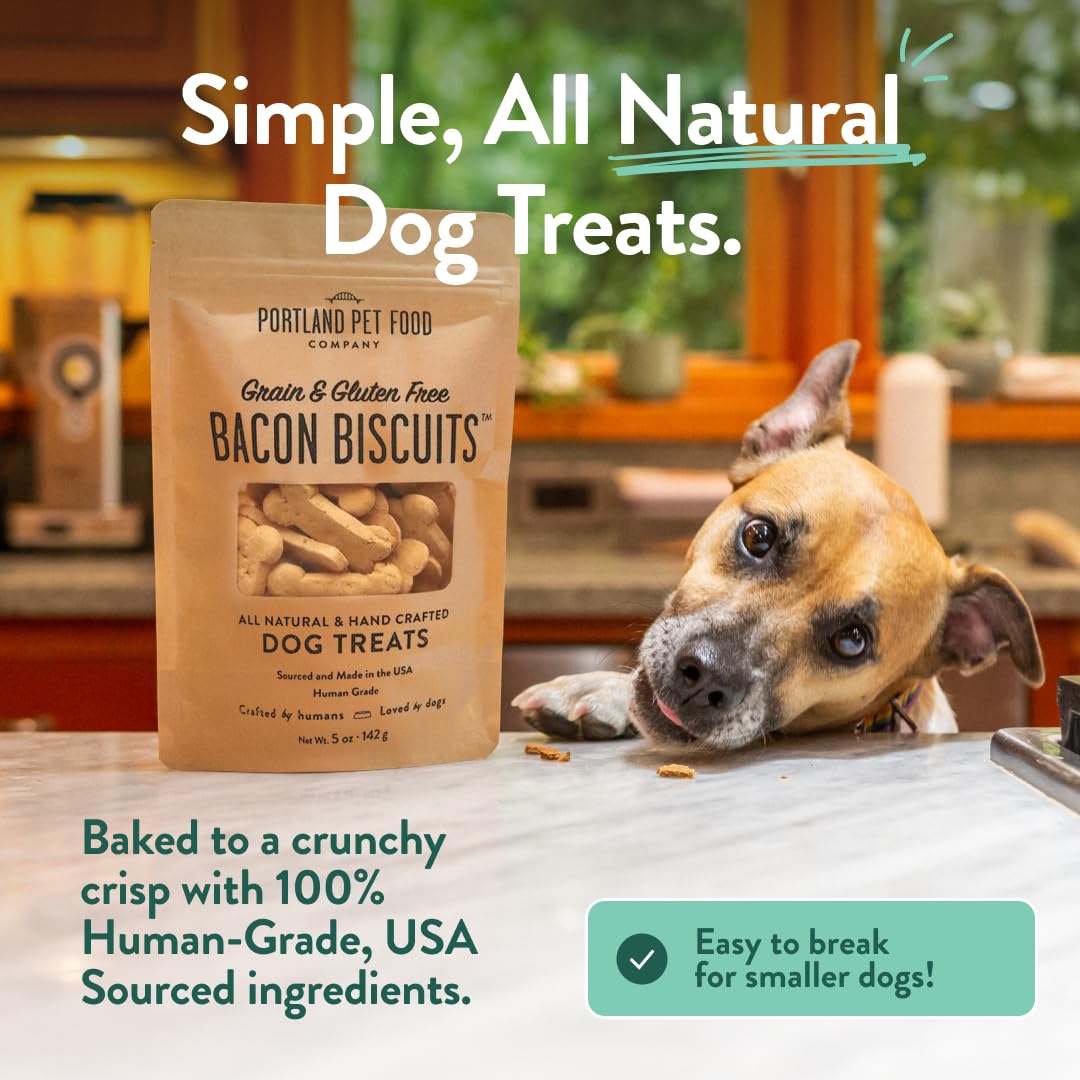 CRAFTED BY HUMANS LOVED BY DOGS close-up of bacon chunks for savory appeal