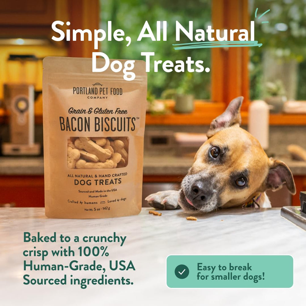 CRAFTED BY HUMANS LOVED BY DOGS close-up of bacon chunks for savory appeal