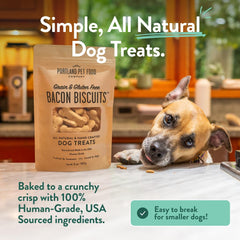 CRAFTED BY HUMANS LOVED BY DOGS close-up of bacon chunks for savory appeal