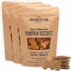 CRAFTED BY HUMANS LOVED BY DOGS front packaging showing pumpkin biscuits benefit clear labeling