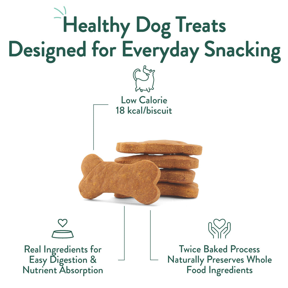 CRAFTED BY HUMANS LOVED BY DOGS broken biscuit revealing interior for easy portioning benefit