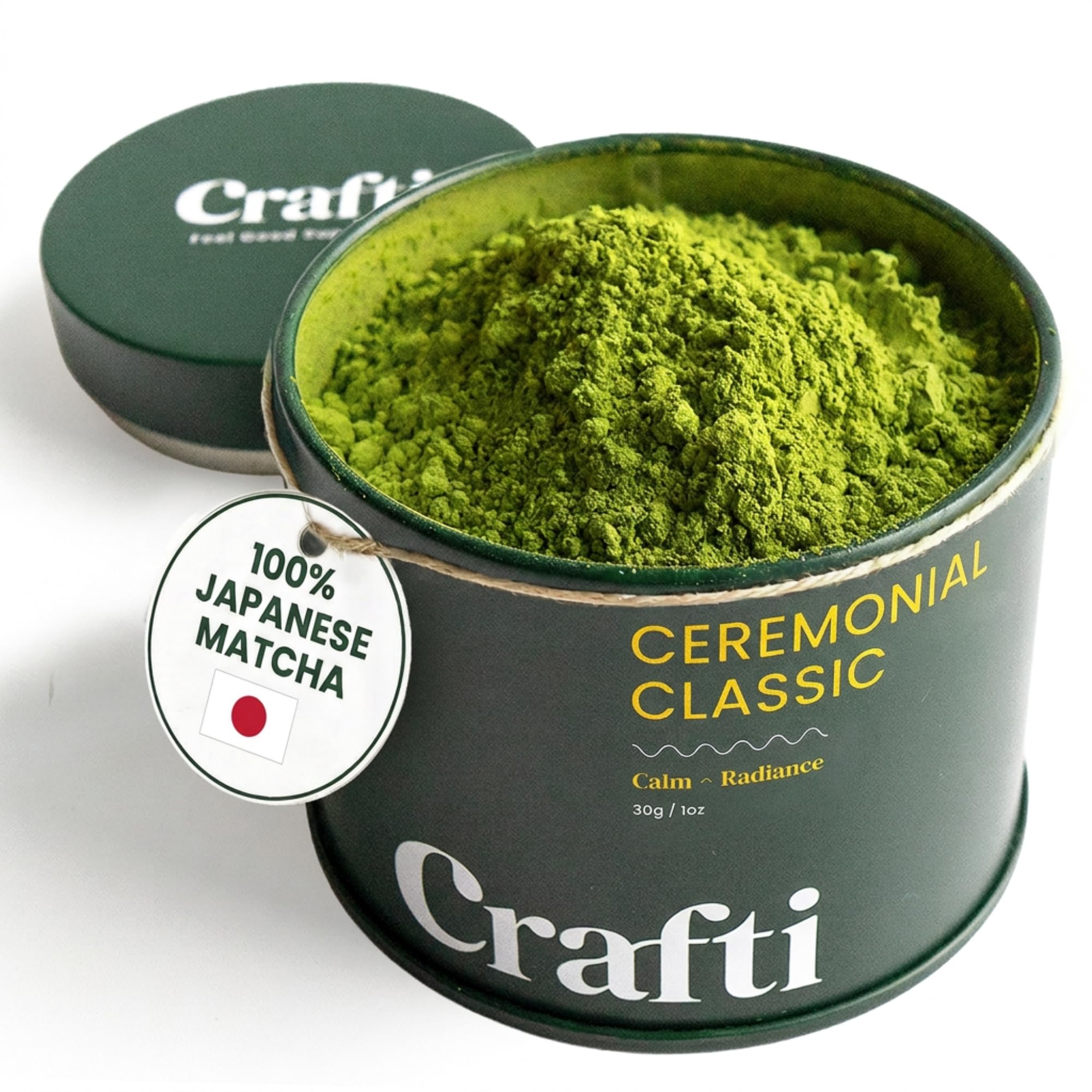 Crafti caja frontal del matcha mostrando el envase y beneficio de autenticidad