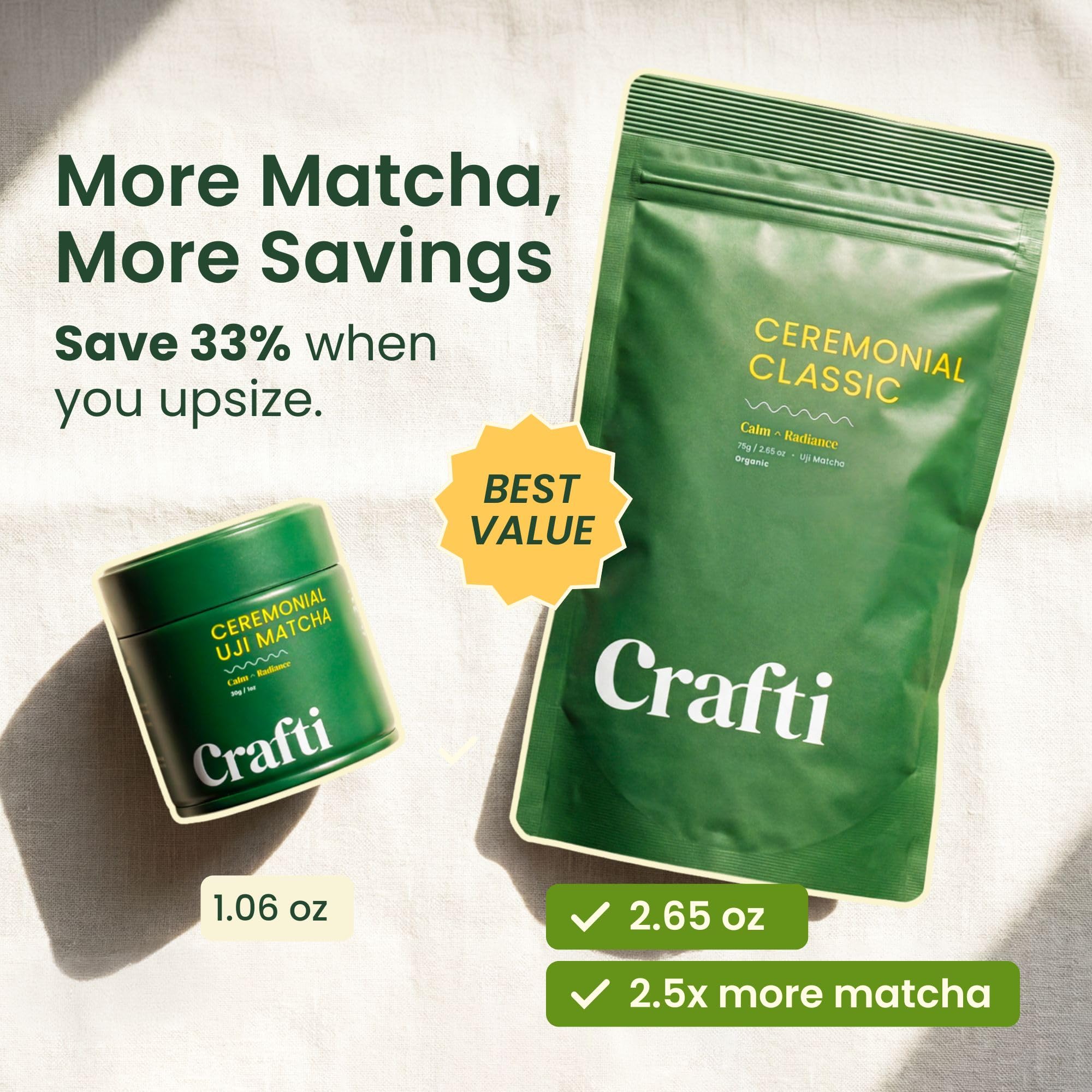 Crafti matcha latte cremoso servido, ideal para bebidas suaves y sin azúcares añadidos