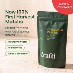 Crafti matcha preparación tradicional en taza, promoviendo concentración y ritual