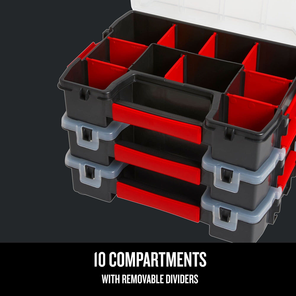CRAFTSMAN stacked organizers showing space-saving stacking and stable storage