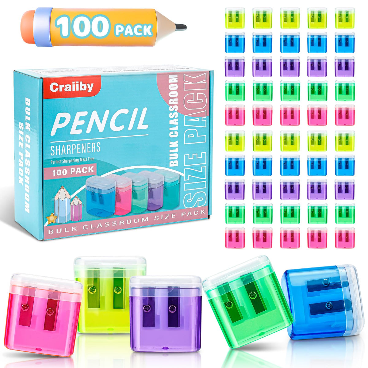 Craiiby paquete frontal 100 afilalápices surtidos práctico para aulas