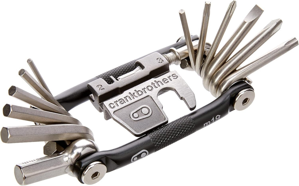 Crankbrothers M 19 with multiple tools deployed for on‑trail adjustments and repairs