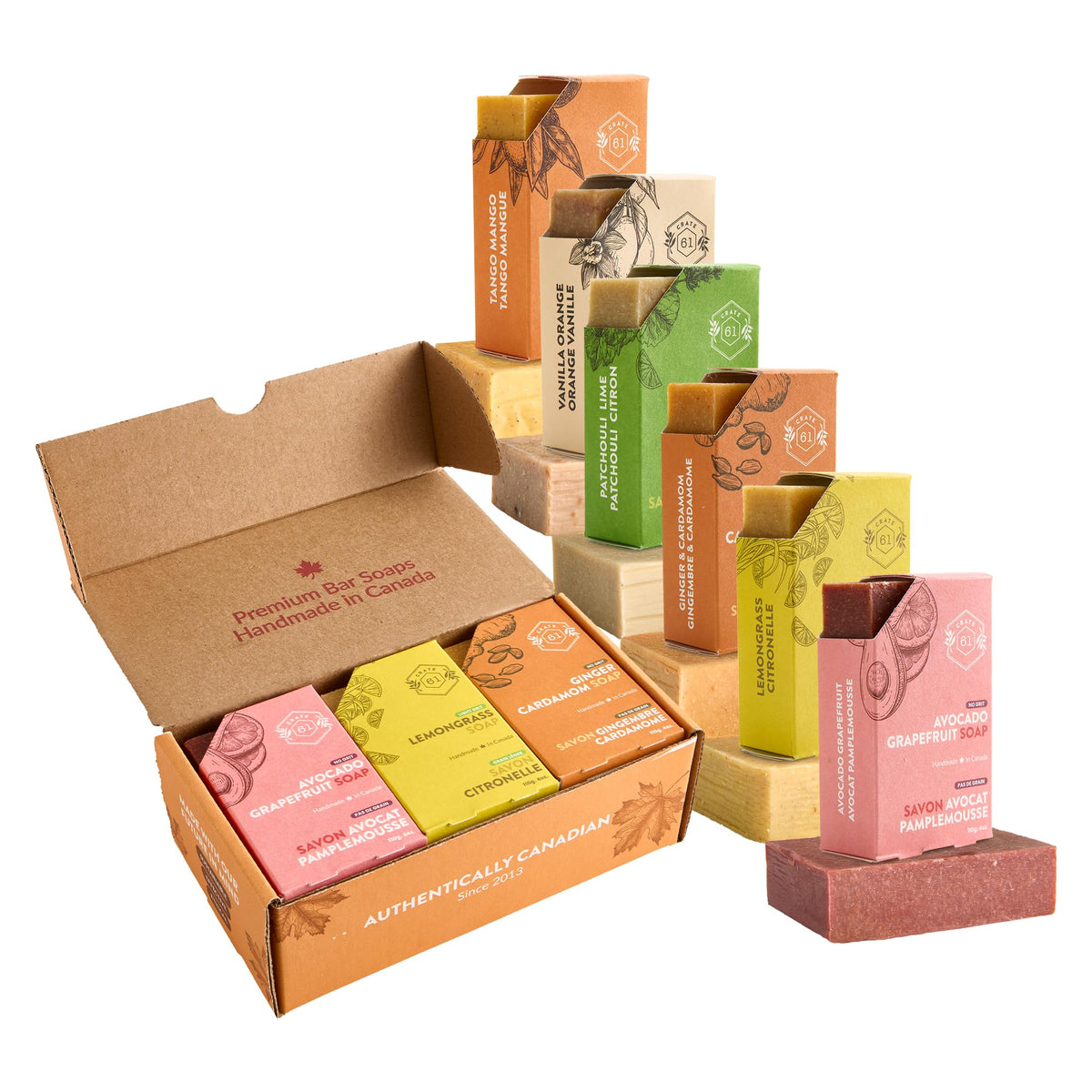 Crate 61 Organics front packaging showing six citrus bars and recyclable board
