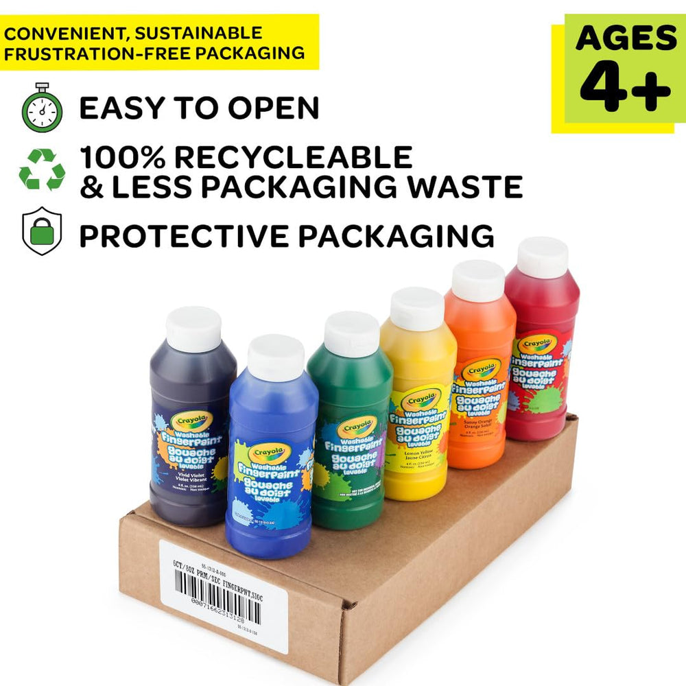Crayola comparación de tamaño de botella junto a mano adulta para escala